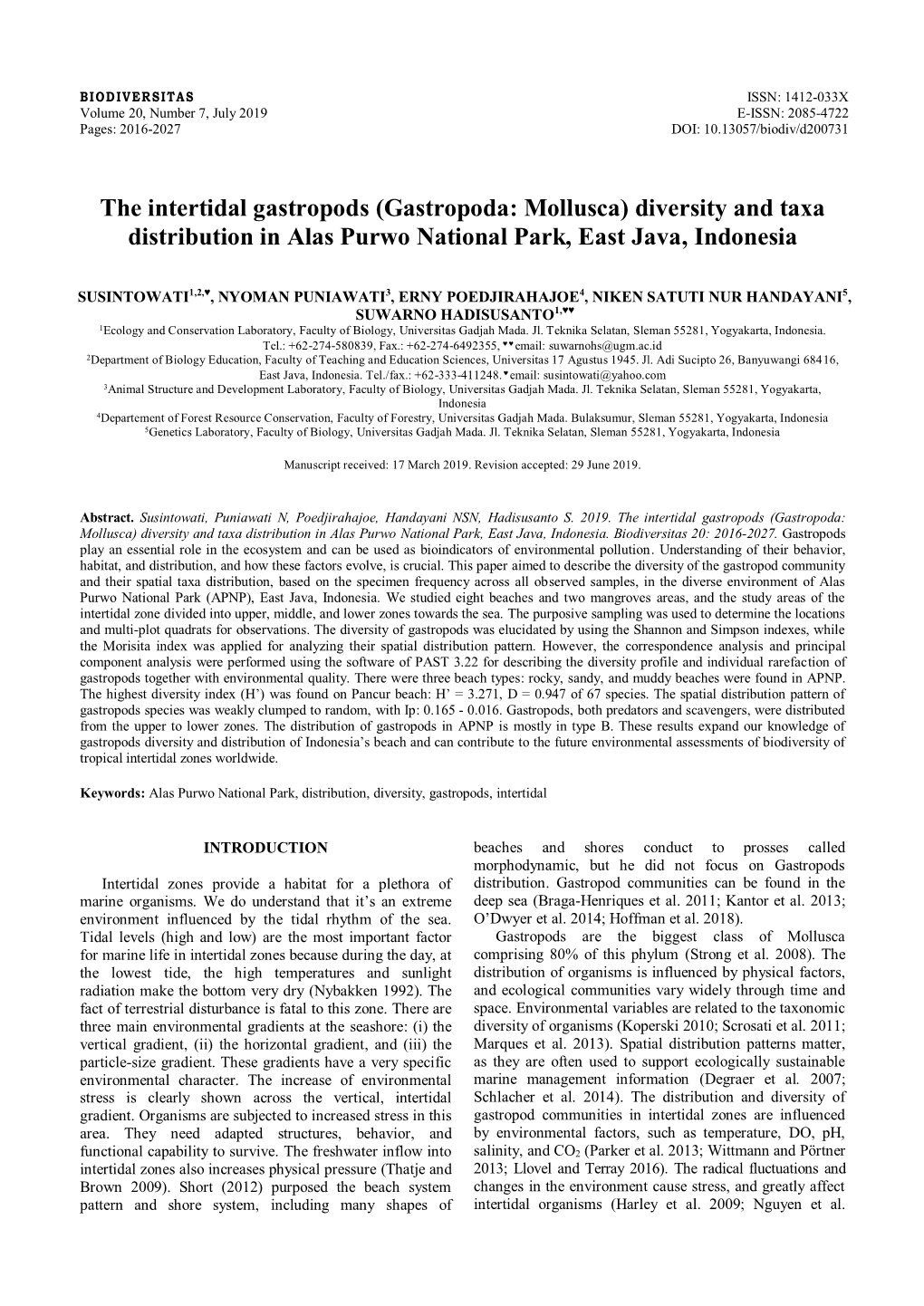 The Intertidal Gastropods (Gastropoda: Mollusca) Diversity and Taxa Distribution in Alas Purwo National Park, East Java, Indonesia