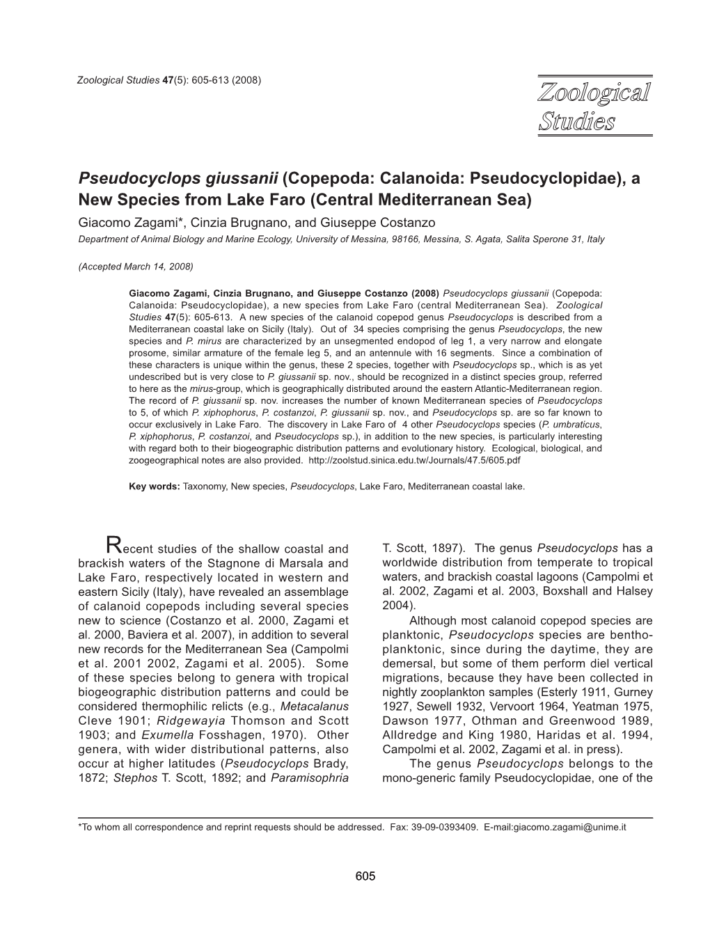 Pseudocyclops Giussanii (Copepoda: Calanoida: Pseudocyclopidae), A