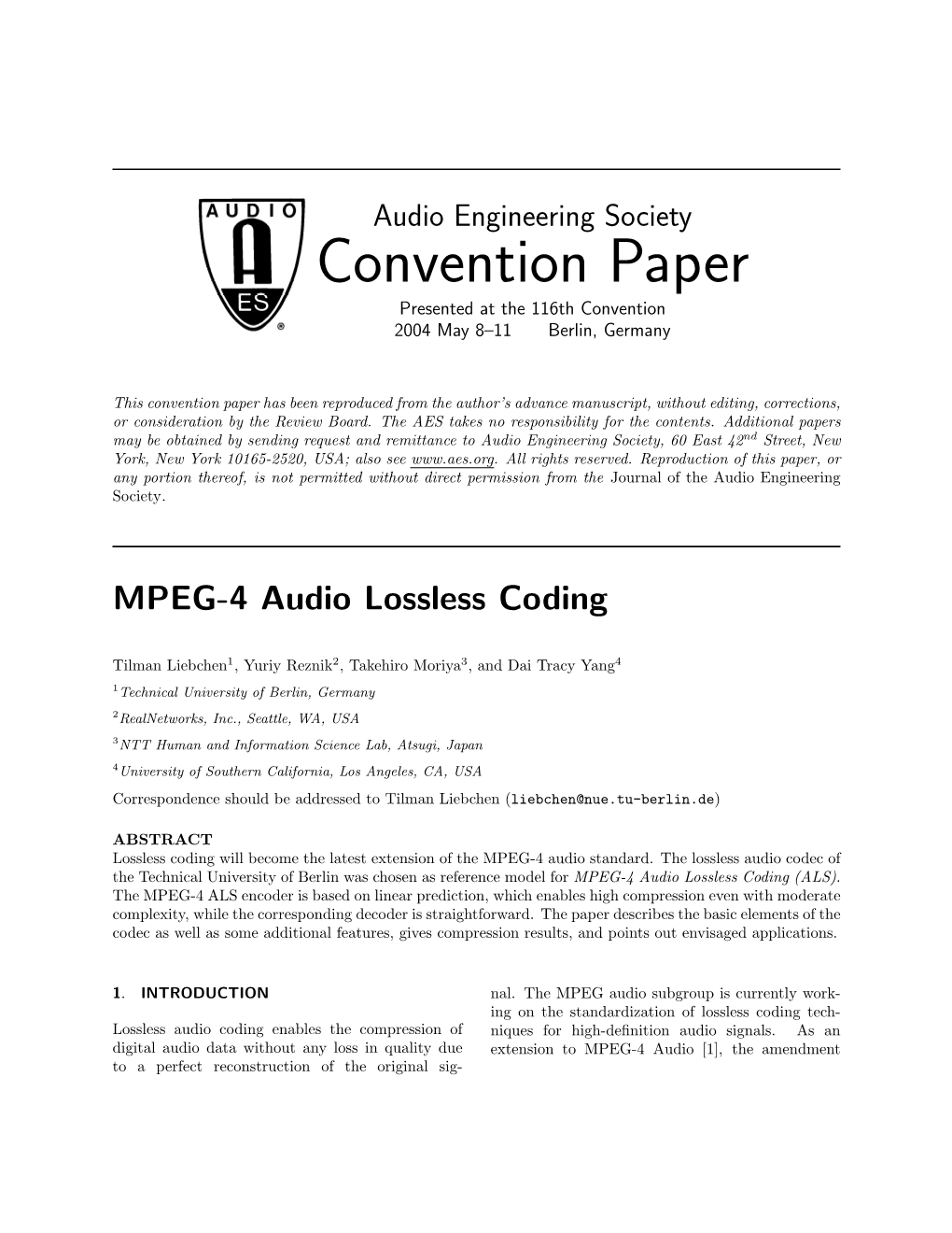 Audio Engineering Society Convention Paper Presented at the 116Th Convention 2004 May 8–11 Berlin, Germany