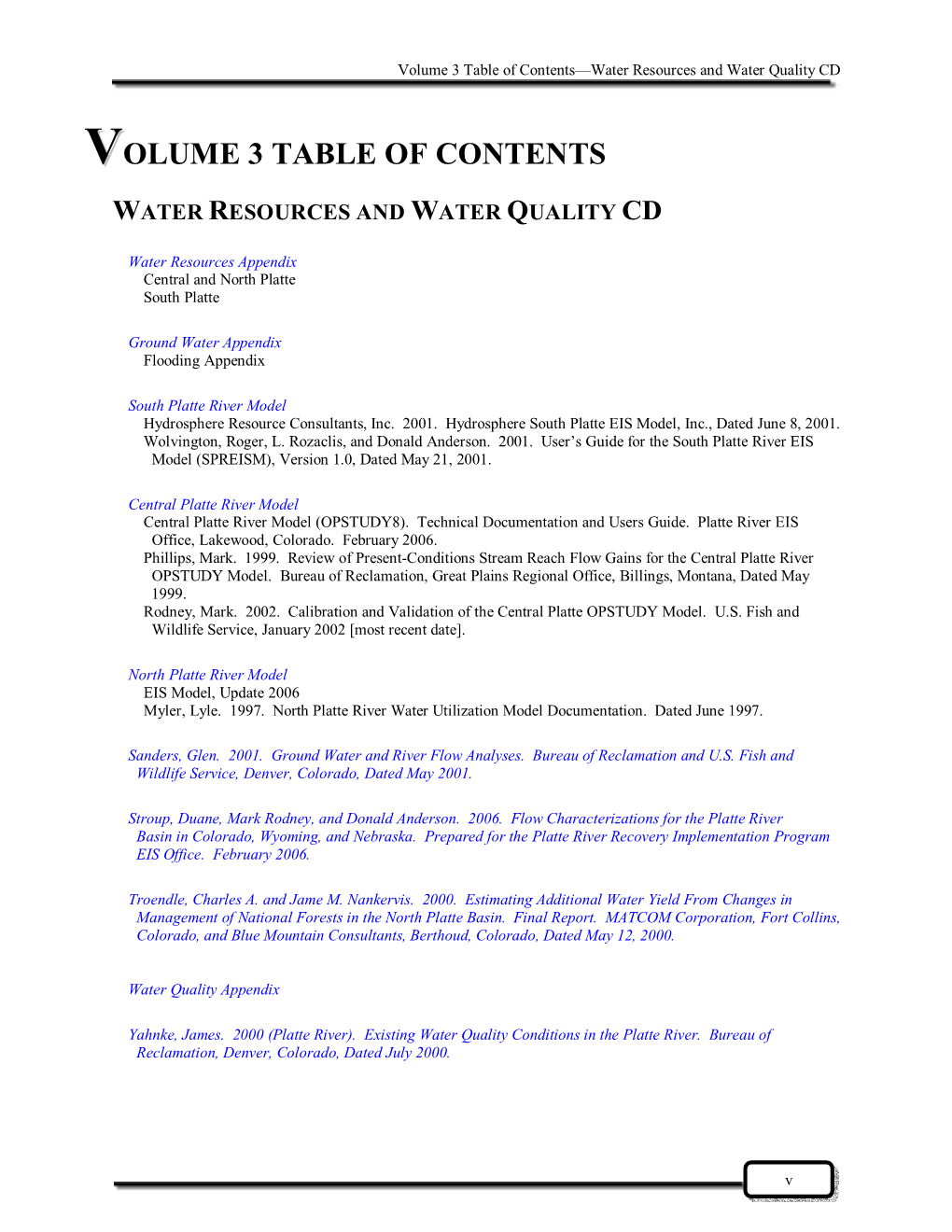 Volume 3 Table of Contents—Water Resources and Water Quality CD