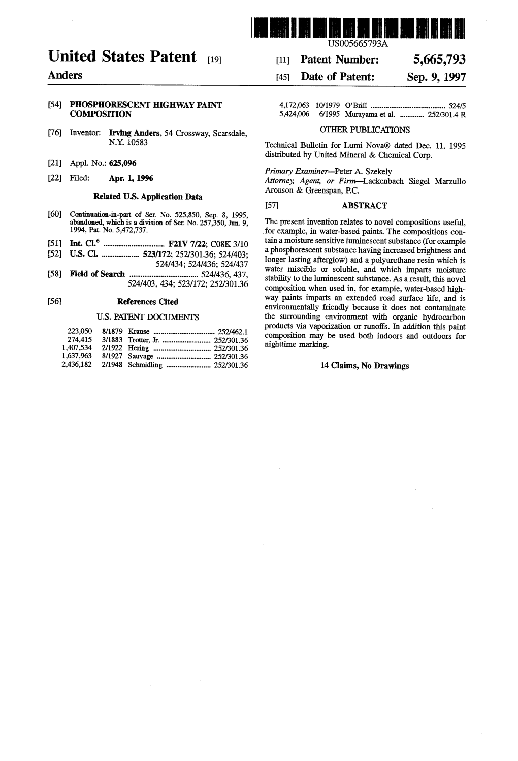 United States Patent 19 11 Patent Number: 5,665,793 Anders 45 Date of Patent: Sep