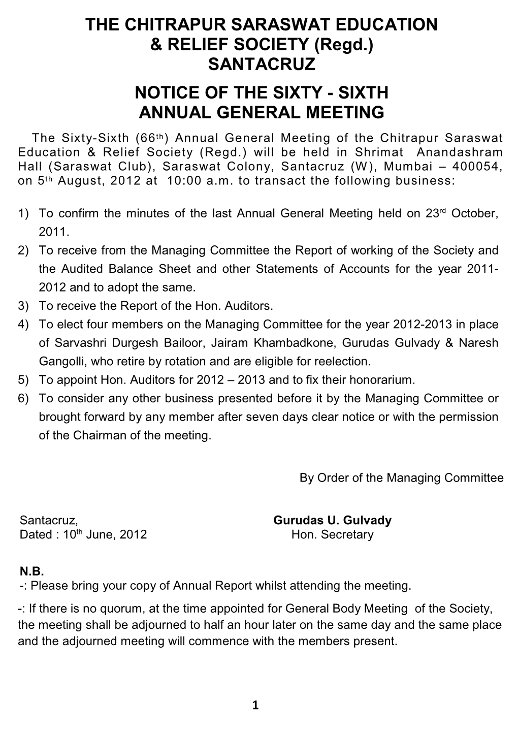 Sixth Annual General Meeting