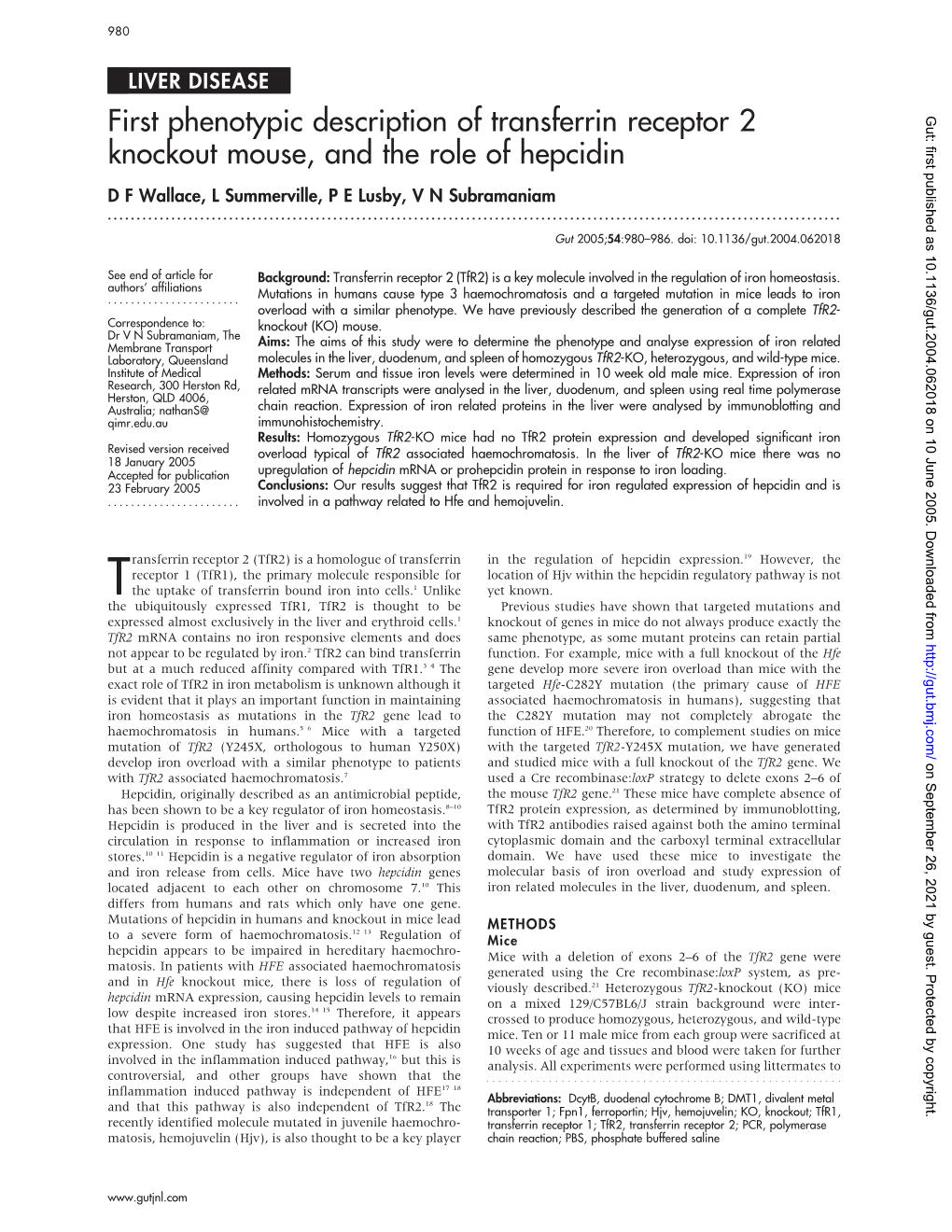 First Phenotypic Description of Transferrin Receptor 2 Knockout