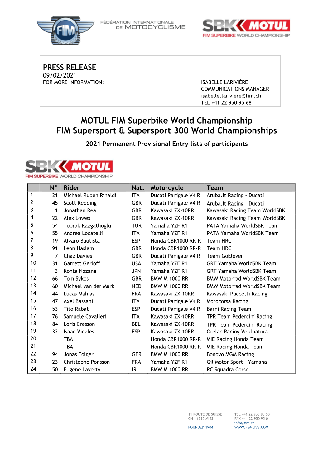 MOTUL FIM Superbike World Championship FIM Supersport & Supersport 300 World Championships 2021 Permanent Provisional Entry Lists of Participants