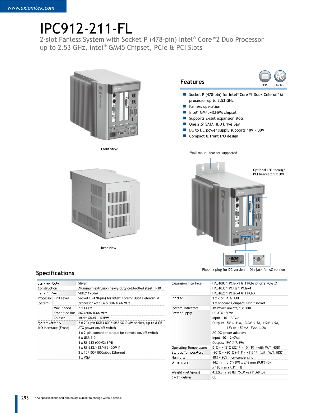 IPC912-211-FL 2-Slot Fanless System with Socket P (478-Pin) Intel® Core™2 Duo Processor up to 2.53 Ghz, Intel® GM45 Chipset, Pcie & PCI Slots