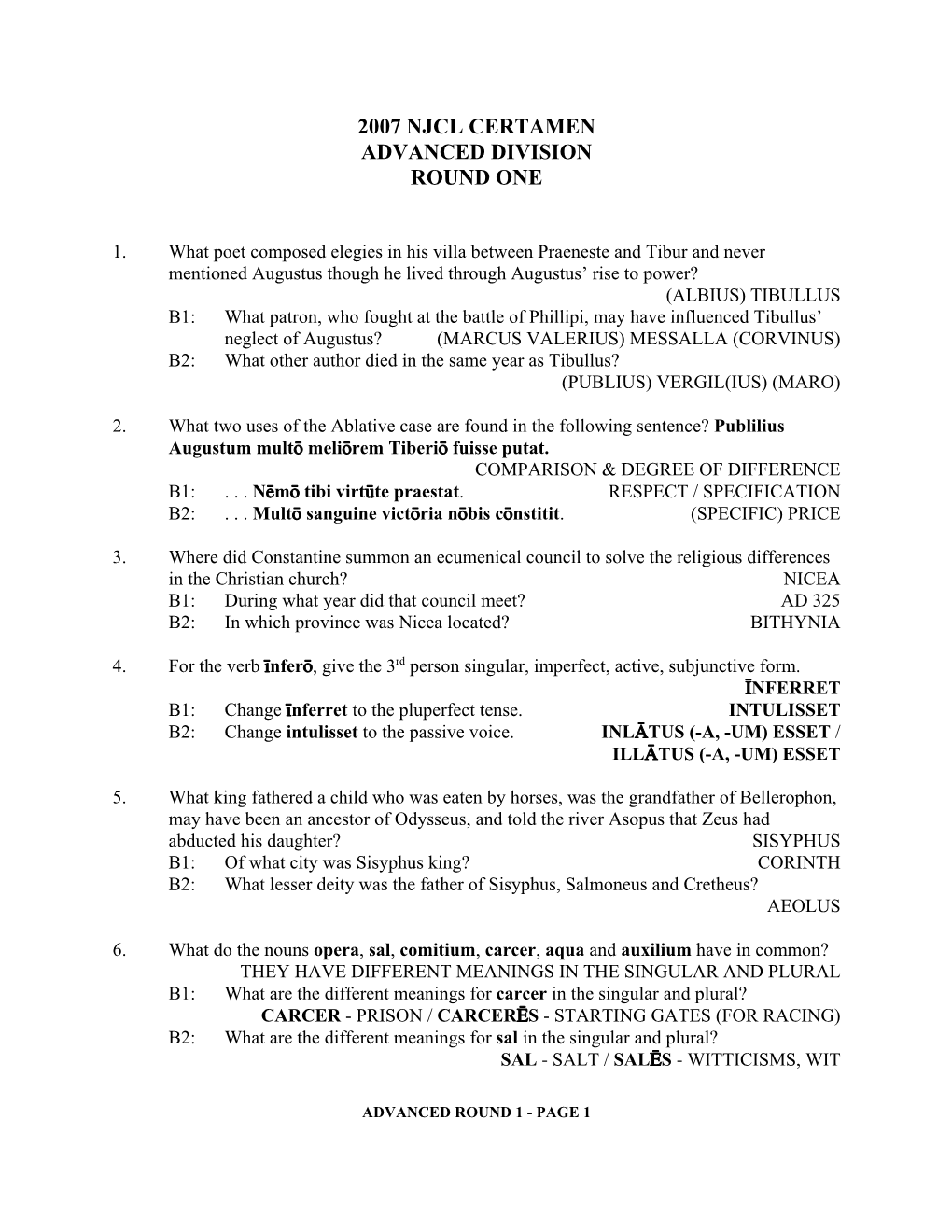 Revised\Rounds\2007 NJCL Certamen Advanced.Wpd