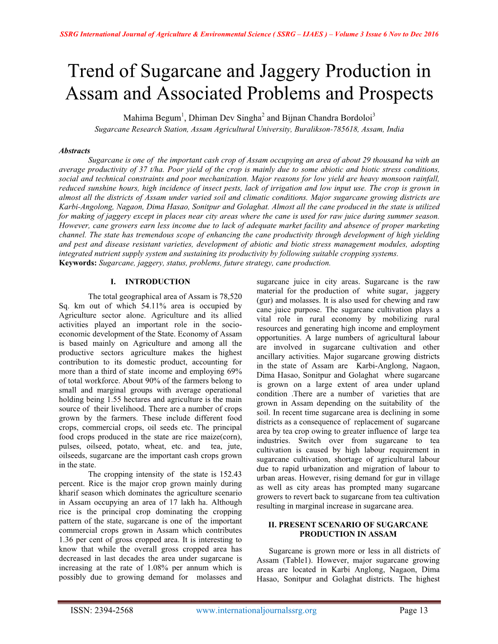 Trend of Sugarcane and Jaggery Production in Assam and Associated Problems and Prospects