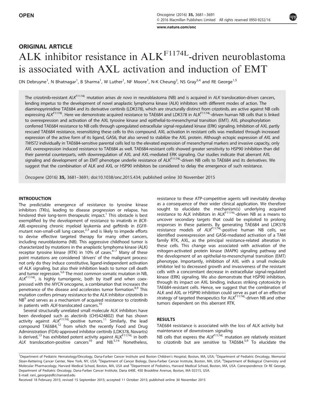 ALK Inhibitor Resistance in ALKF1174L-Driven Neuroblastoma Is Associated with AXL Activation and Induction of EMT