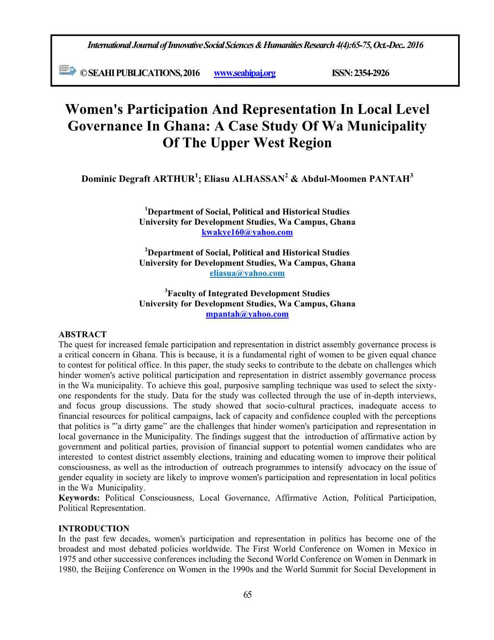 A Case Study of Wa Municipality of the Upper West Region