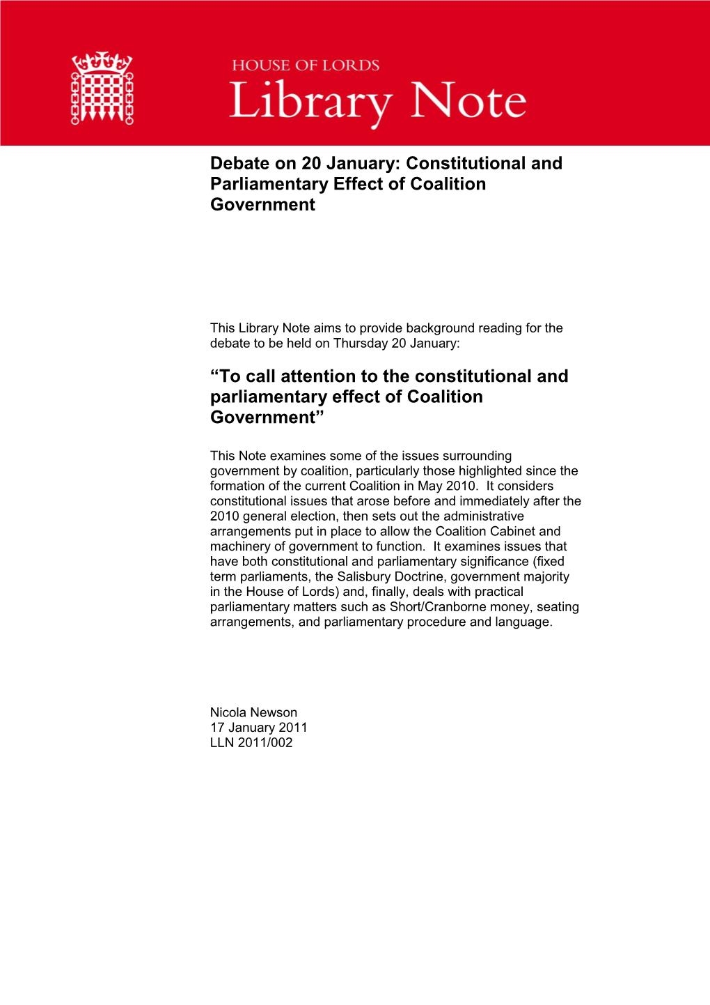 Debate on 20 January: Constitutional and Parliamentary Effect of Coalition Government