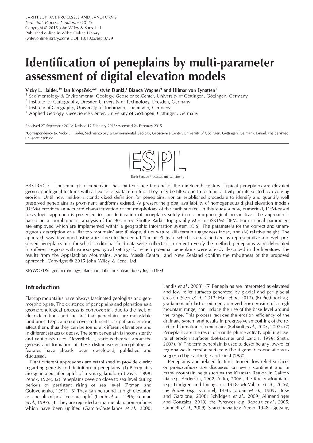 Identification of Peneplains by Multi-Parameter Assessment of Digital Elevation Models