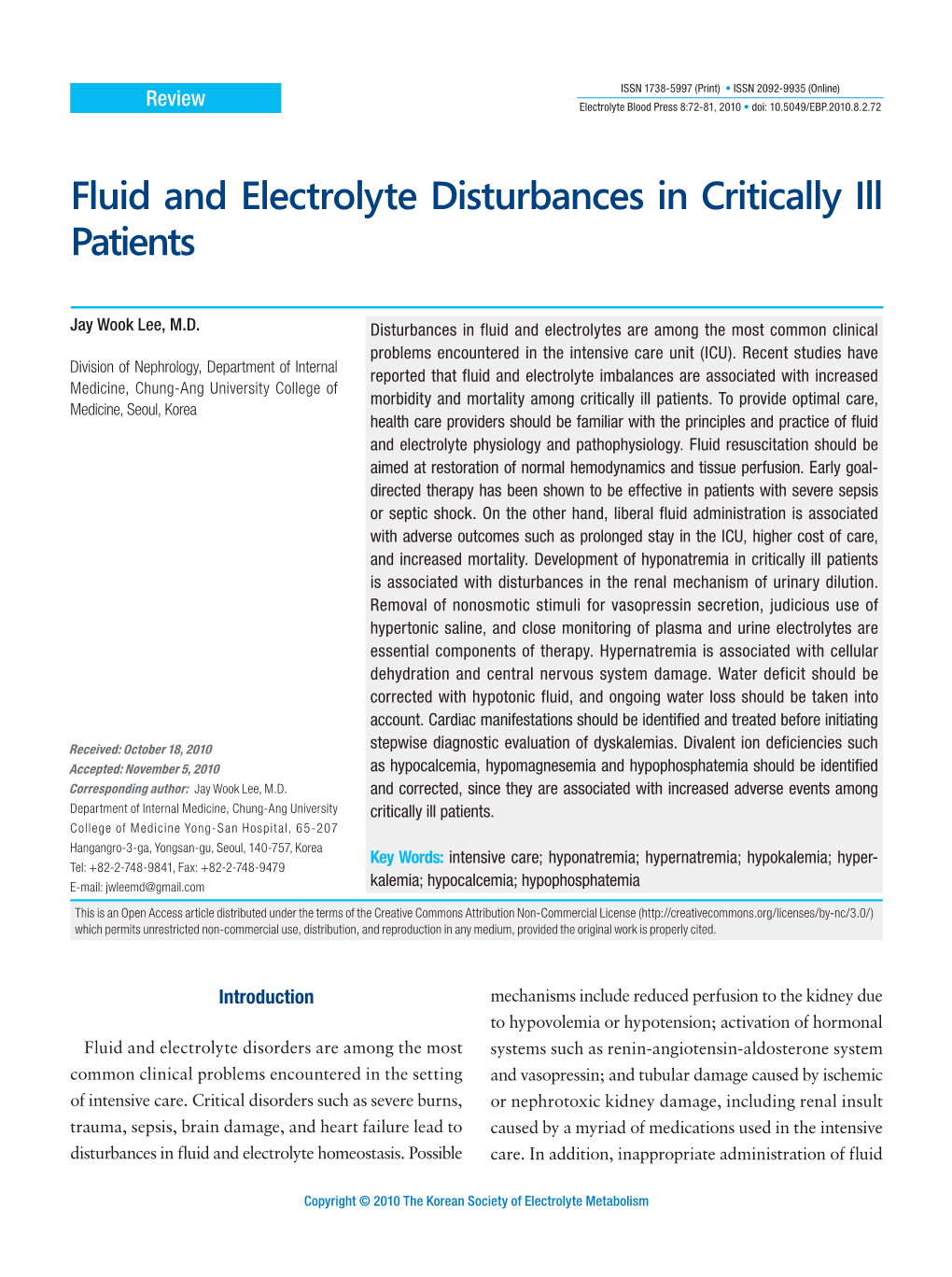Fluid and Electrolyte Disturbances in Critically Ill Patients