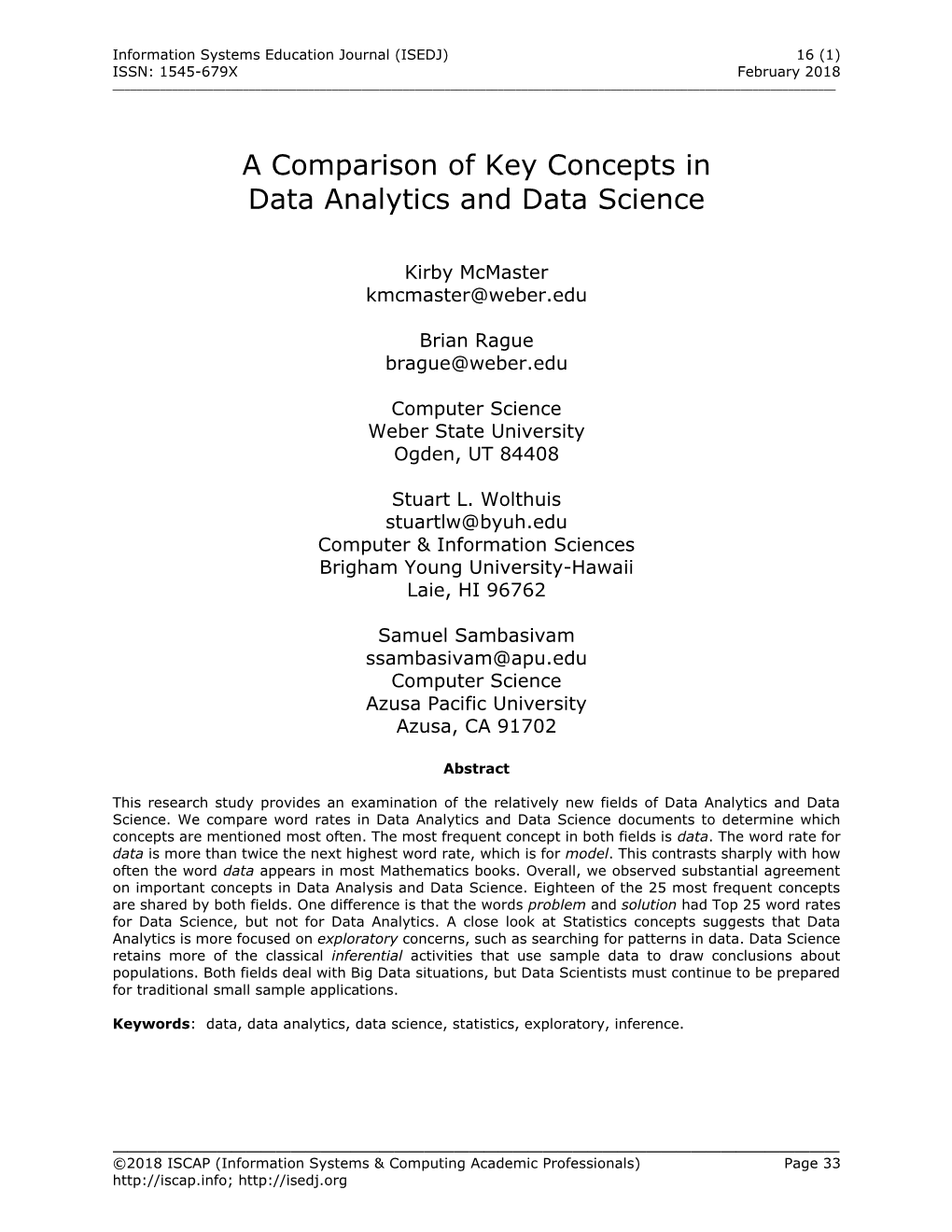 A Comparison of Key Concepts in Data Analytics and Data Science