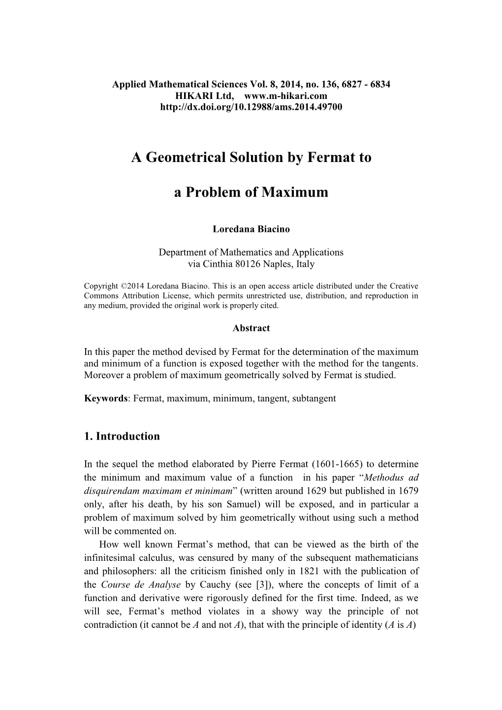 A Geometrical Solution by Fermat to a Problem of Maximum 6829