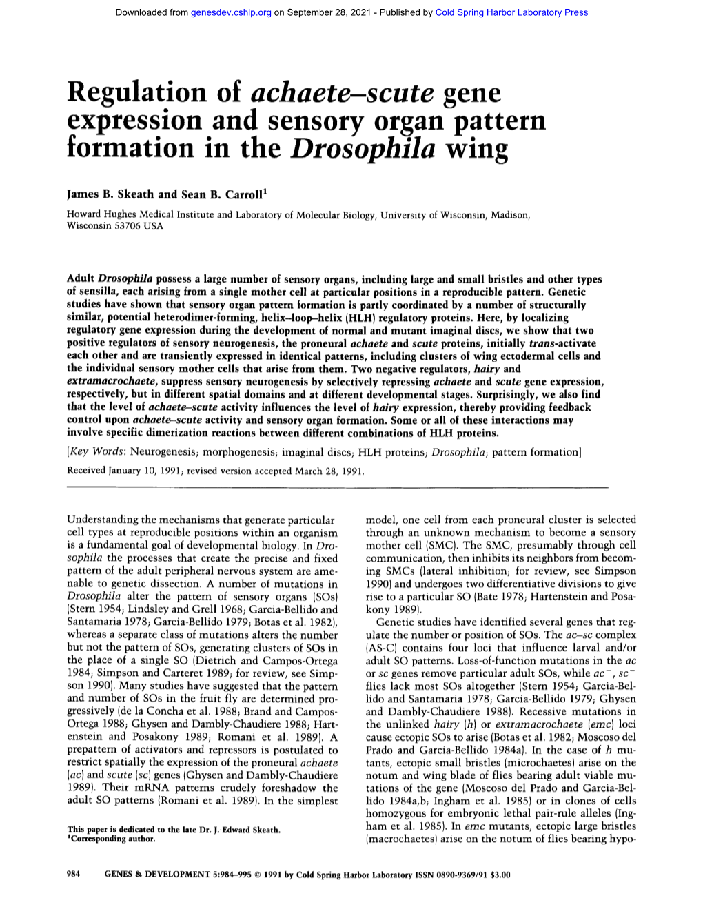 Regulation of Achaete-Scute Gene Expression and Sensory Organ Pattern Formation in the Drosophila Wing