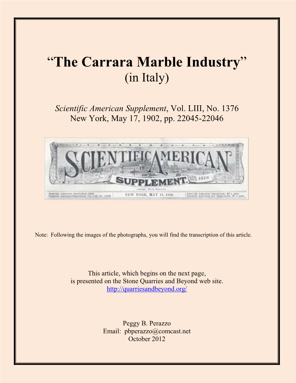 “The Carrara Marble Industry” (In Italy)