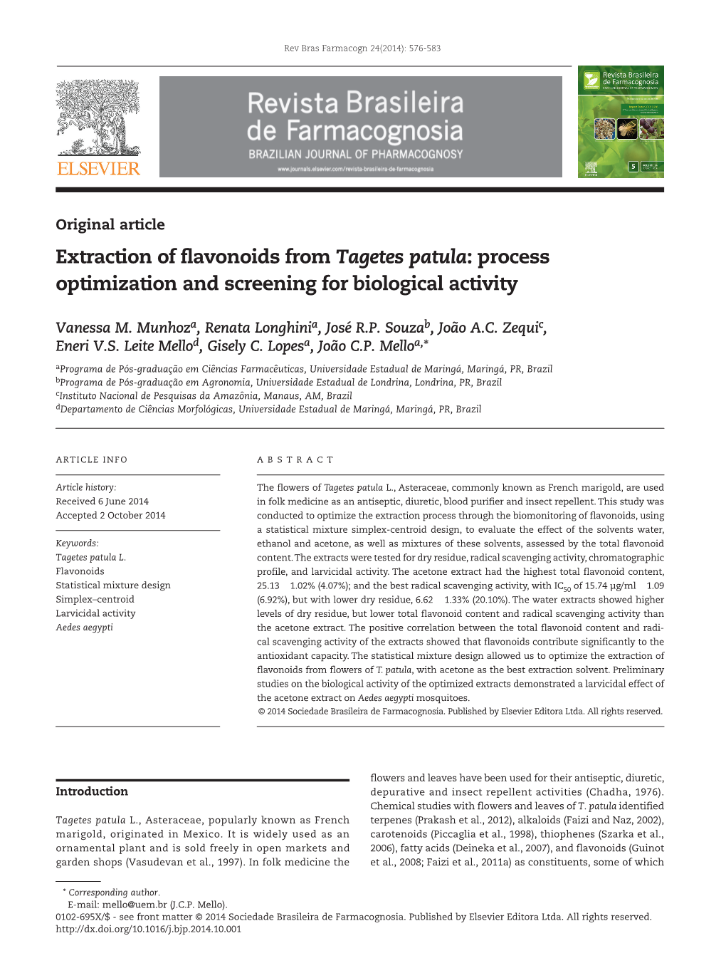 Extraction of Flavonoids from Tagetes Patula: Process Optimization and Screening for Biological Activity