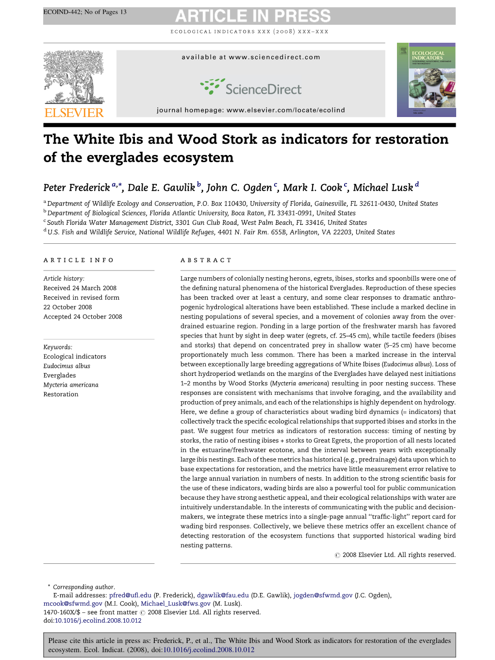 Frederick Et Al 09 White Ibis and Wood Storks As Indicators.Pdf