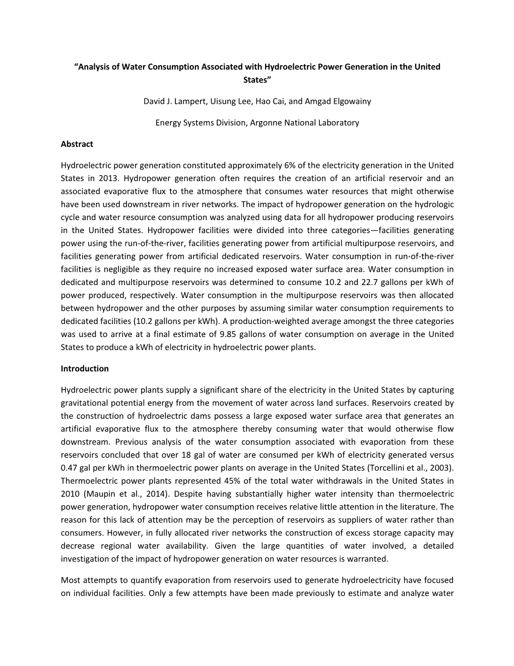 “Analysis of Water Consumption Associated with Hydroelectric Power Generation in the United States”