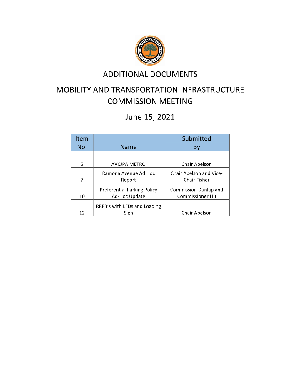 ADDITIONAL DOCUMENTS MOBILITY and TRANSPORTATION INFRASTRUCTURE COMMISSION MEETING June 15, 2021