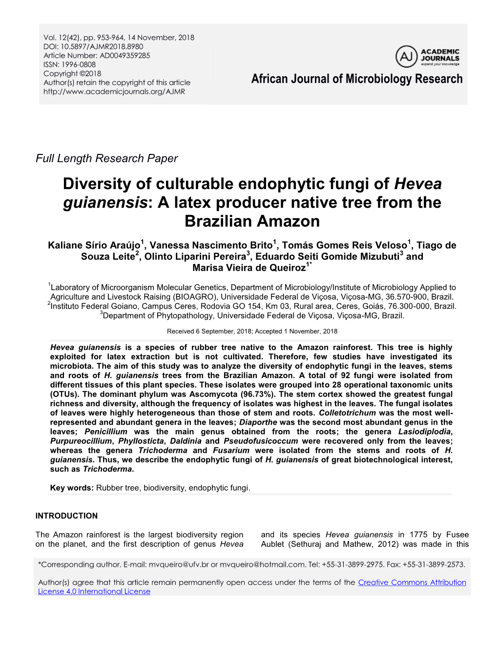 Diversity of Culturable Endophytic Fungi of Hevea Guianensis: a Latex Producer Native Tree from the Brazilian Amazon
