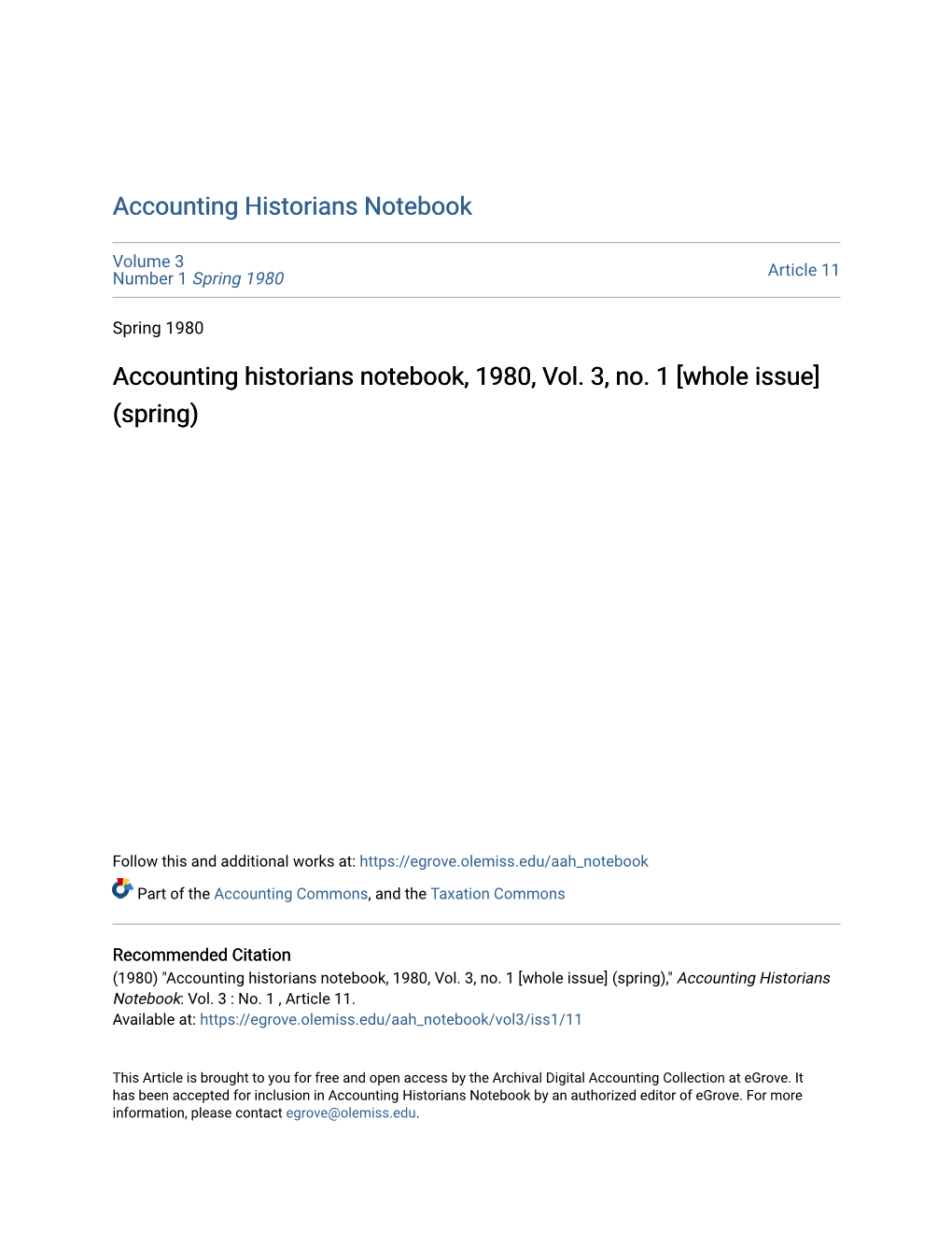 Accounting Historians Notebook, 1980, Vol. 3, No. 1 [Whole Issue] (Spring)