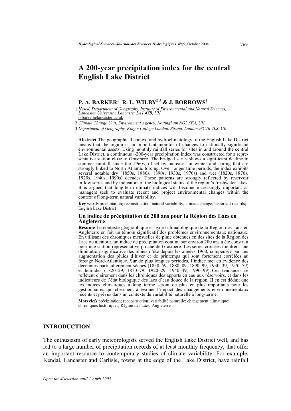 A 200-Year Precipitation Index for the Central English Lake District