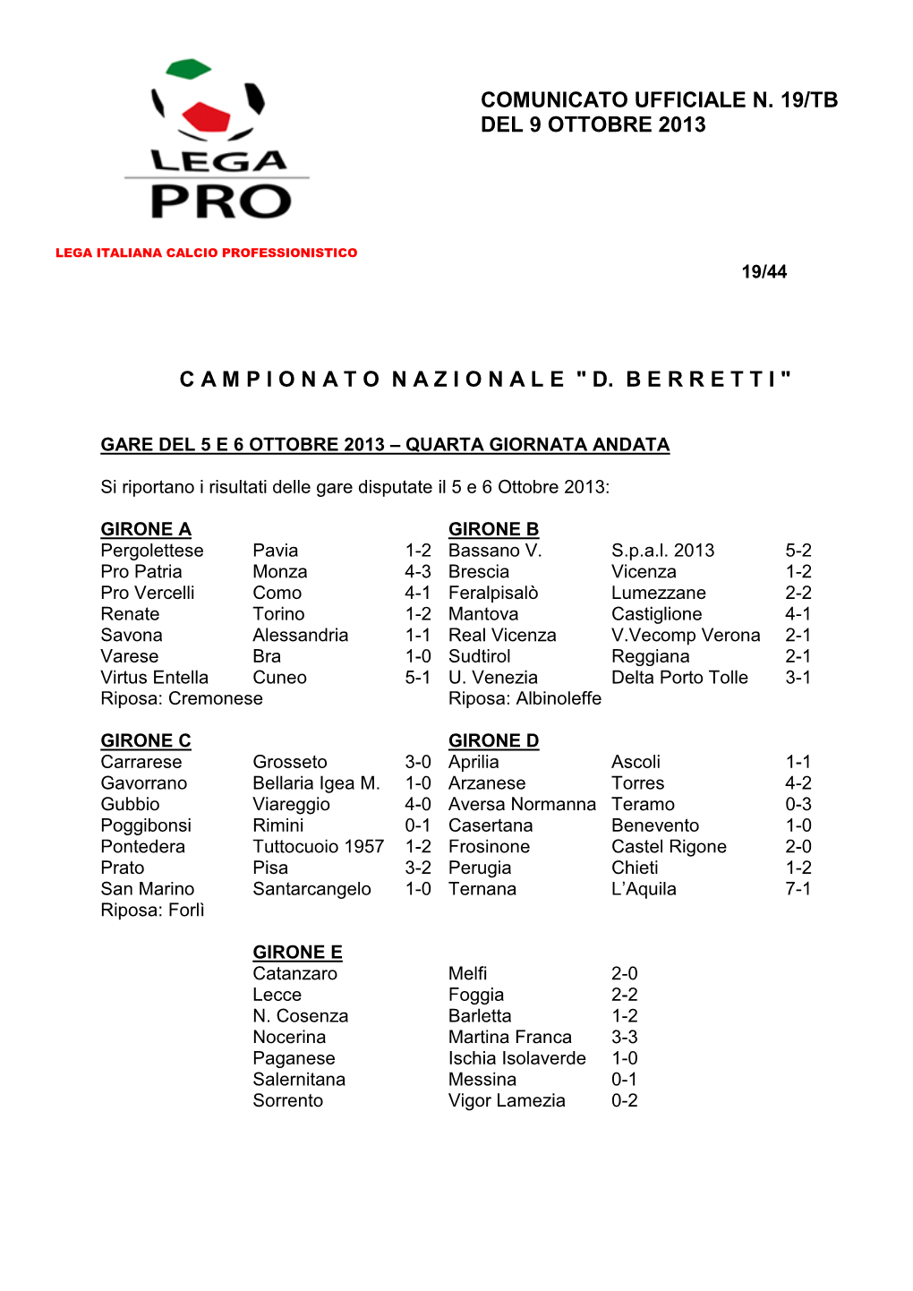 Comunicato Ufficiale N. 19/Tb Del 9 Ottobre 2013