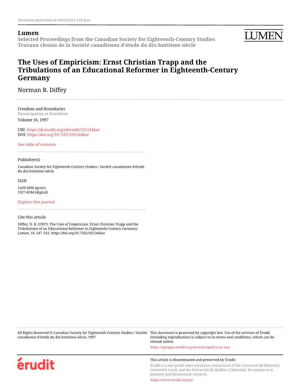 The Uses of Empiricism: Ernst Christian Trapp and the Tribulations of an Educational Reformer in Eighteenth-Century Germany Norman R