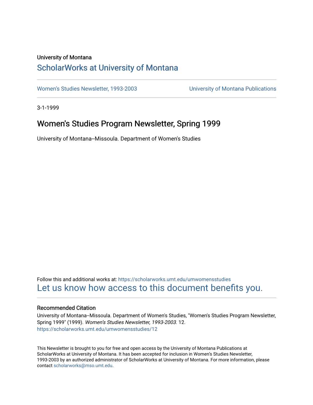 Women's Studies Program Newsletter, Spring 1999