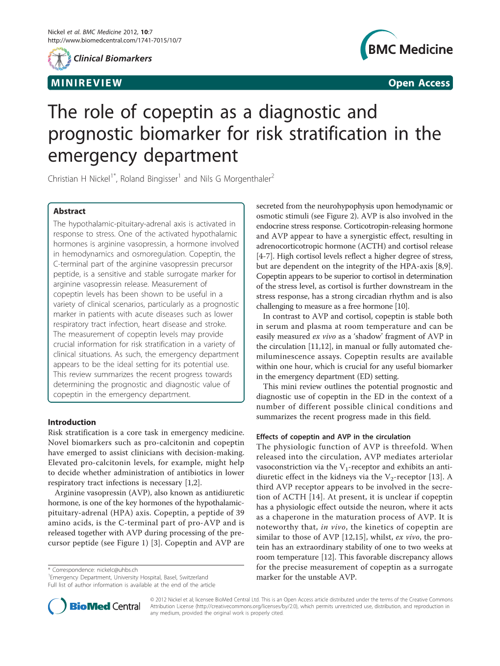The Role of Copeptin As a Diagnostic and Prognostic Biomarker for Risk