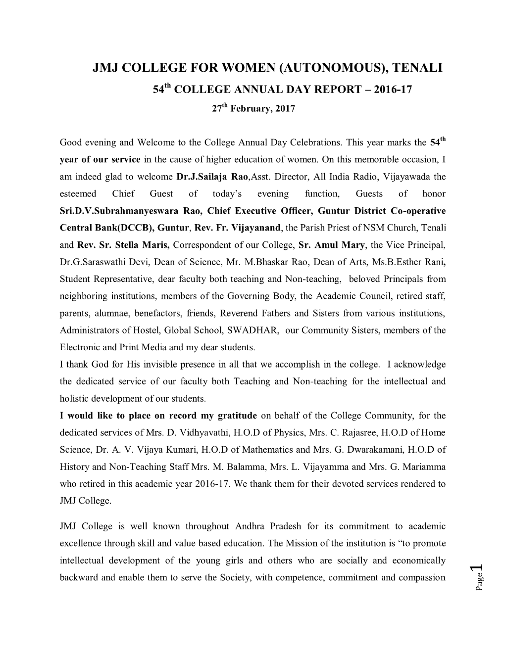 JMJ COLLEGE for WOMEN (AUTONOMOUS), TENALI 54Th COLLEGE ANNUAL DAY REPORT – 2016-17 27Th February, 2017