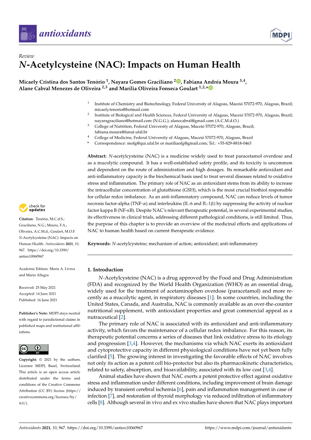 N-Acetylcysteine (NAC): Impacts on Human Health