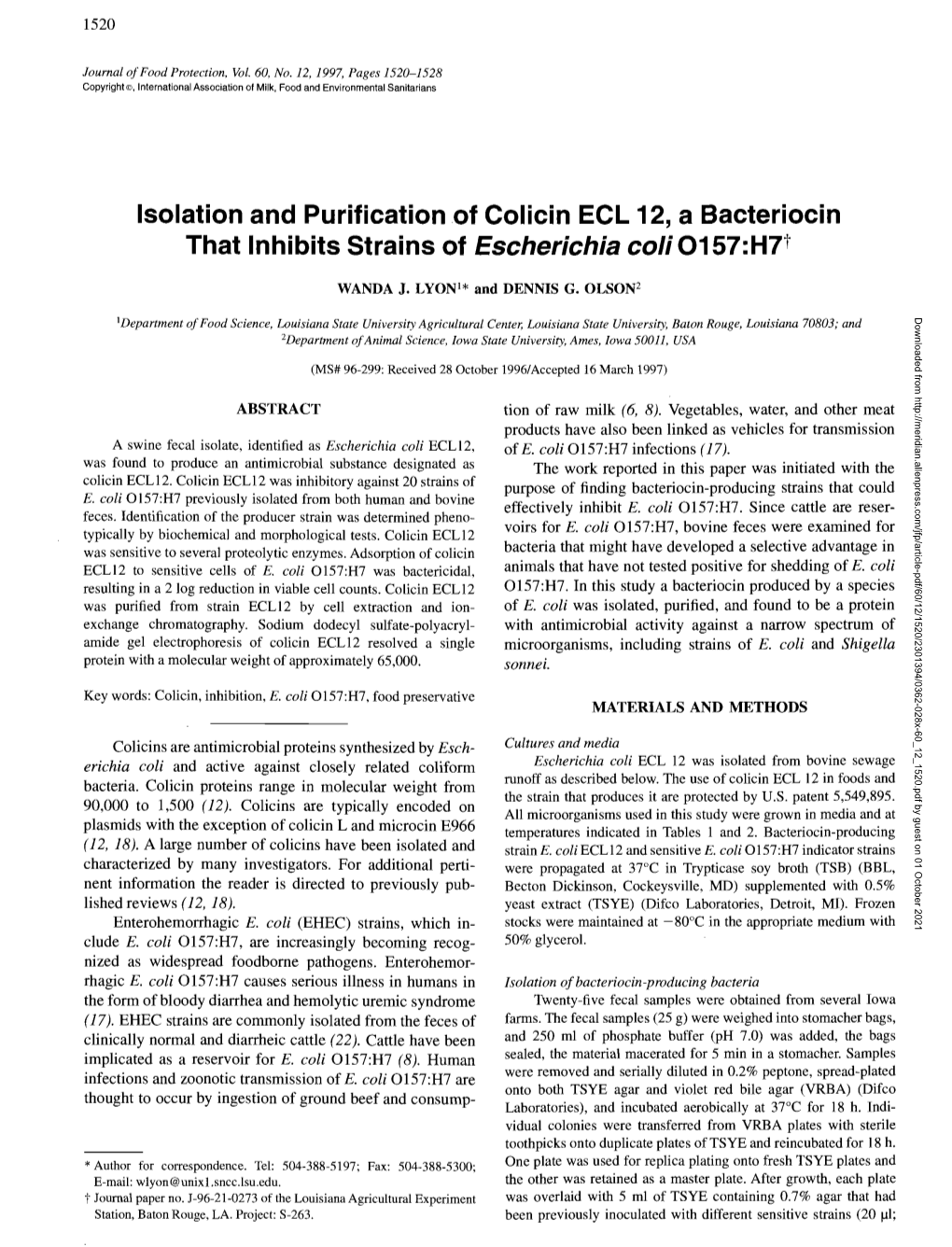 Isolation and Purification of Colicin Ecl 12, a Bacteriocin That Inhibits Strains of Escherichia Coli 0157:H7t