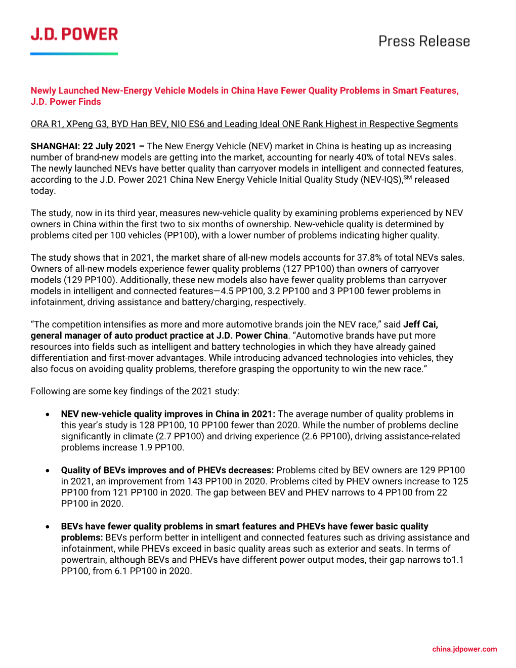 Newly Launched New-Energy Vehicle Models in China Have Fewer Quality Problems in Smart Features, J.D