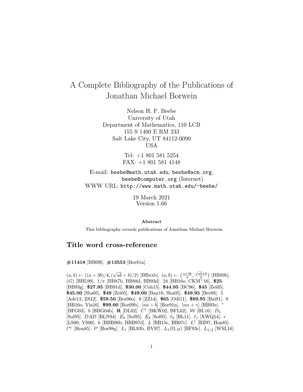 A Complete Bibliography of the Publications of Jonathan Michael Borwein