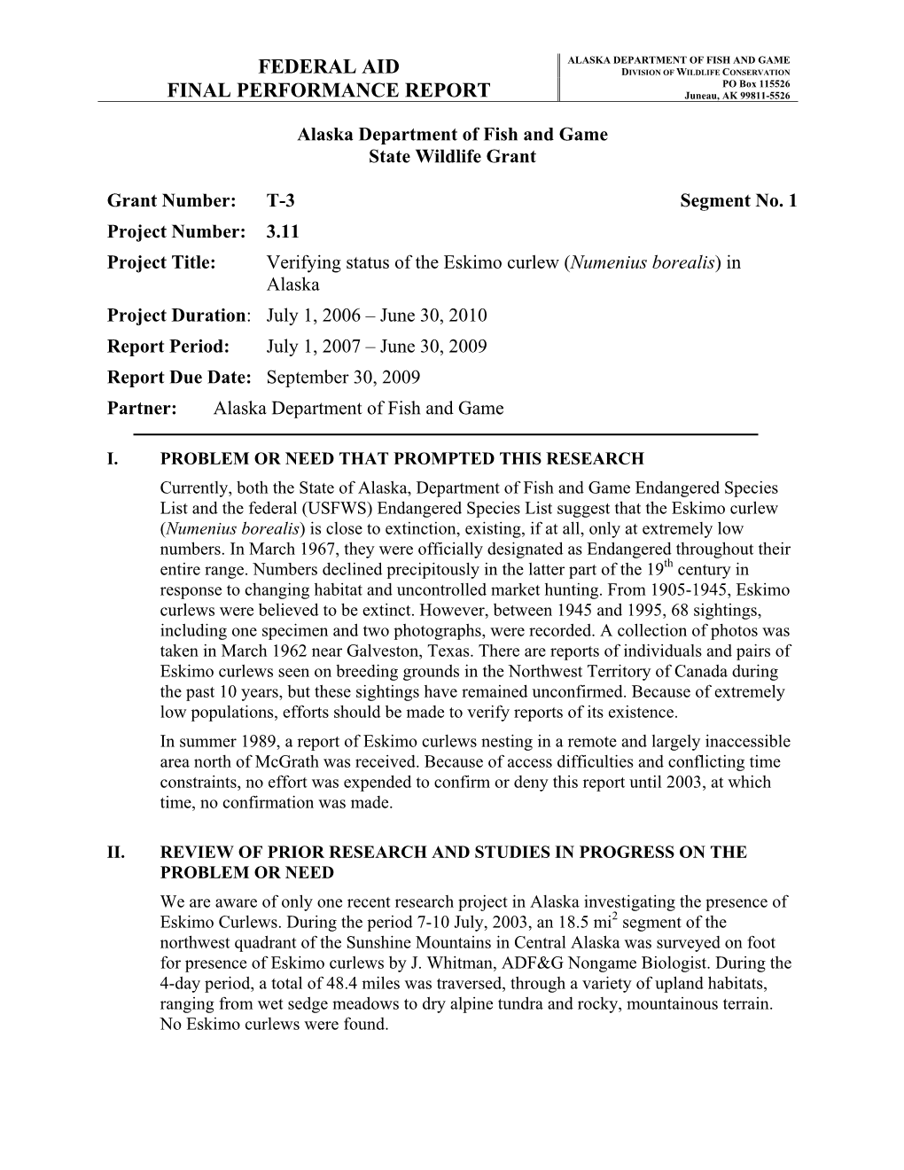 Verifying Status of the Eskimo Curlew Final Report 2007-2009