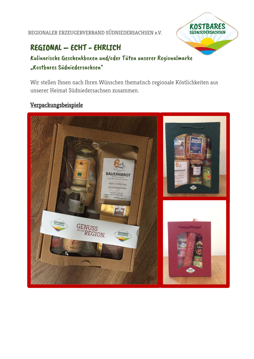 ECHT - EHRLICH Kulinarische Geschenkboxen Und/Oder Tüten Unserer Regionalmarke „Kostbares Südniedersachsen“