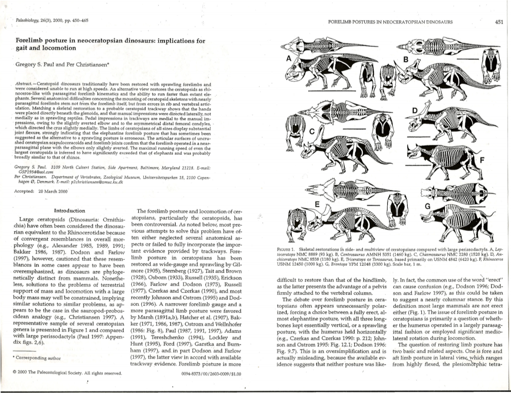 Forelimb Posture in Neoceratopsian Dinosaurs: Implications for · Gait and Locomotion