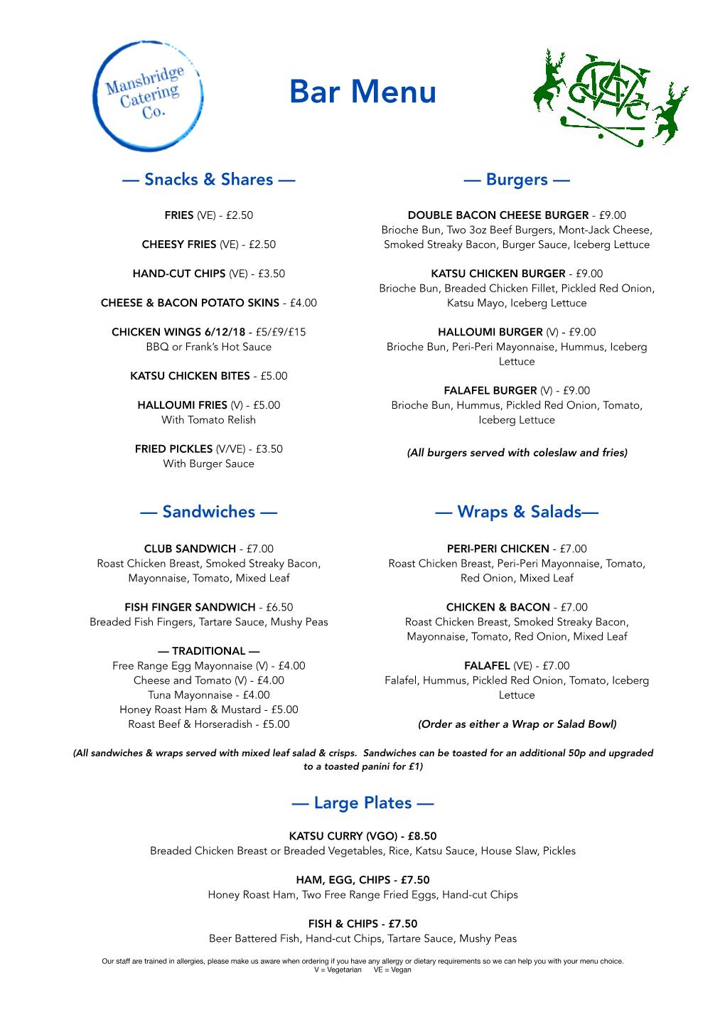 Golf Club Bar Menu