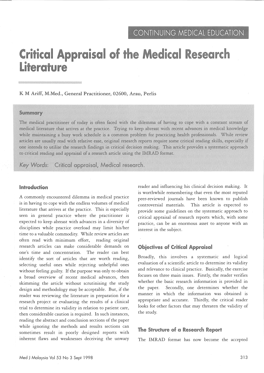 Critical Appraisal of the Medical Research Literature