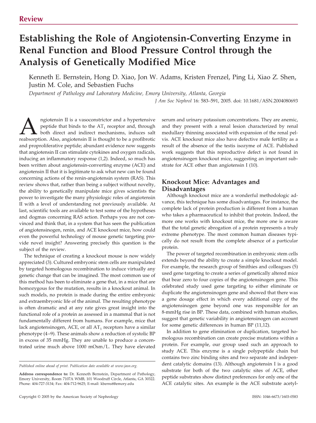 Establishing the Role of Angiotensin-Converting Enzyme in Renal Function and Blood Pressure Control Through the Analysis of Genetically Modified Mice