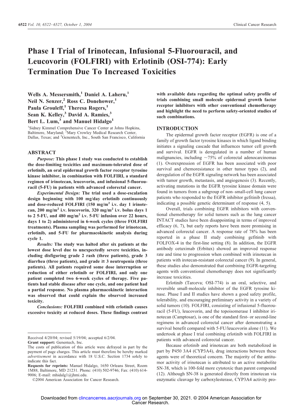 FOLFIRI) with Erlotinib (OSI-774): Early Termination Due to Increased Toxicities