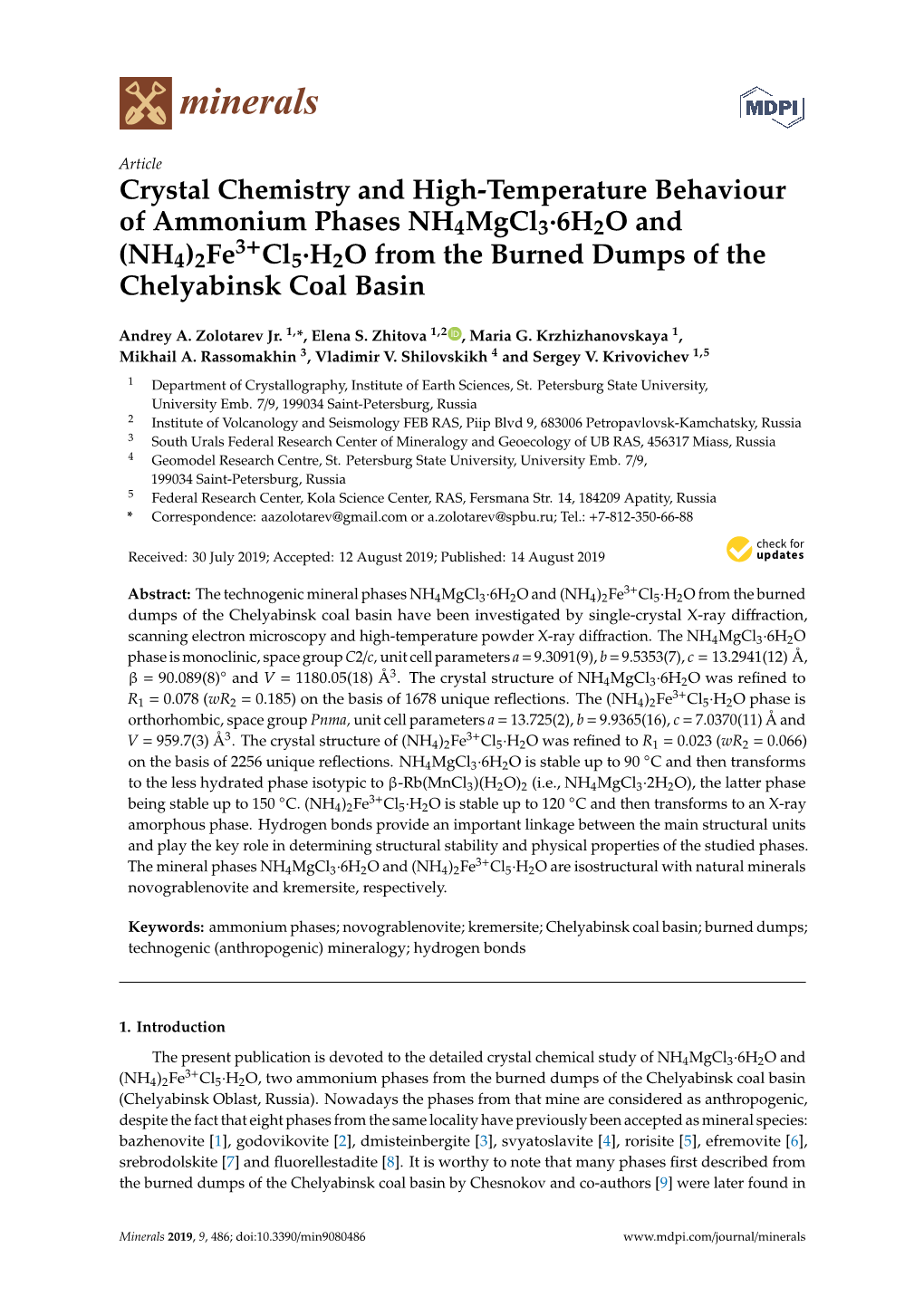 Crystal Chemistry and High-Temperature Behaviour of Ammonium Phases Nh4mgcl3·6H2O and 3+ (NH4)2Fe Cl5·H2O from the Burned Dumps of the Chelyabinsk Coal Basin