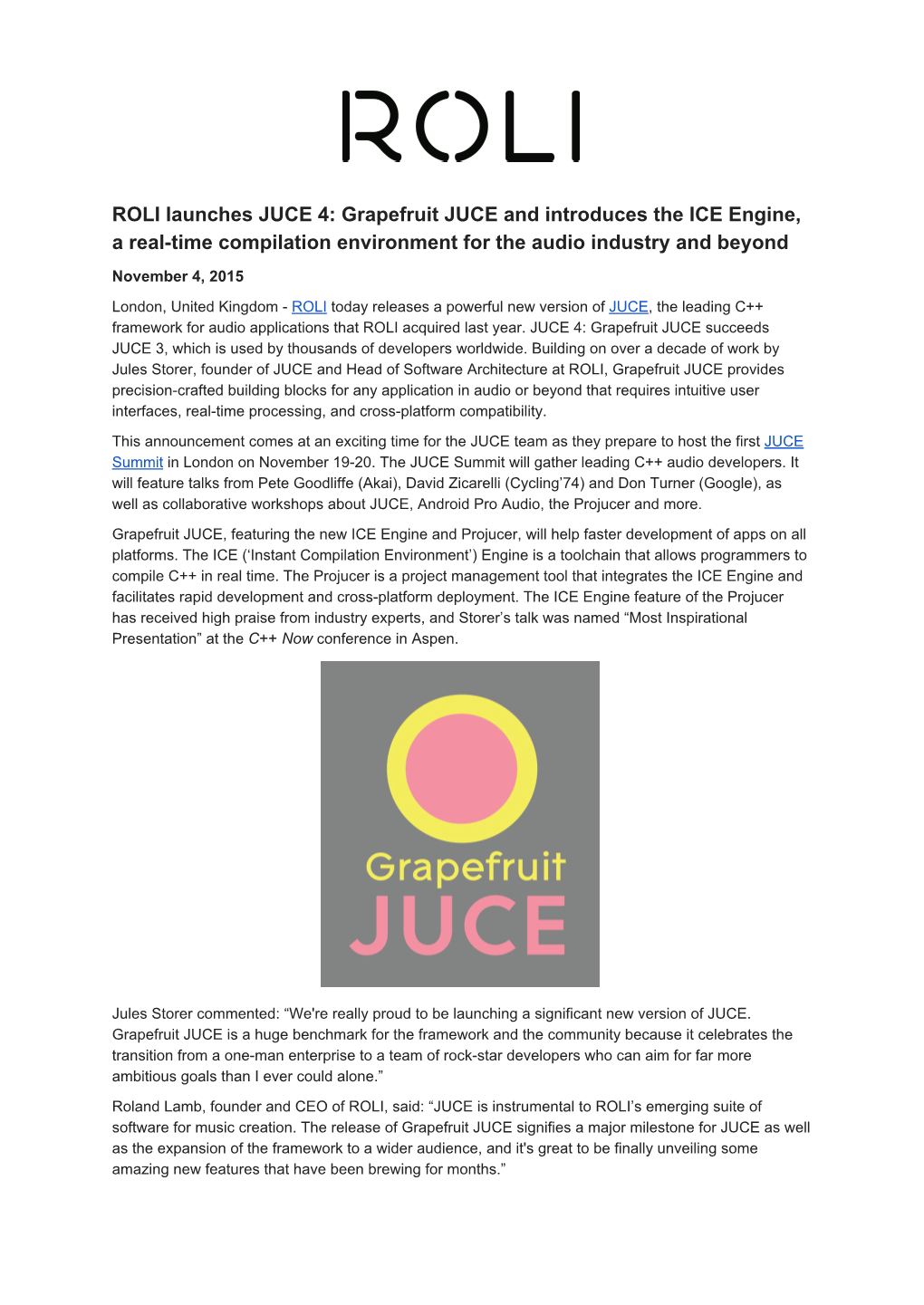 Grapefruit JUCE and Introduces the ICE Engine, a Real­Time Compilation Environment for the Audio Industry and Beyond