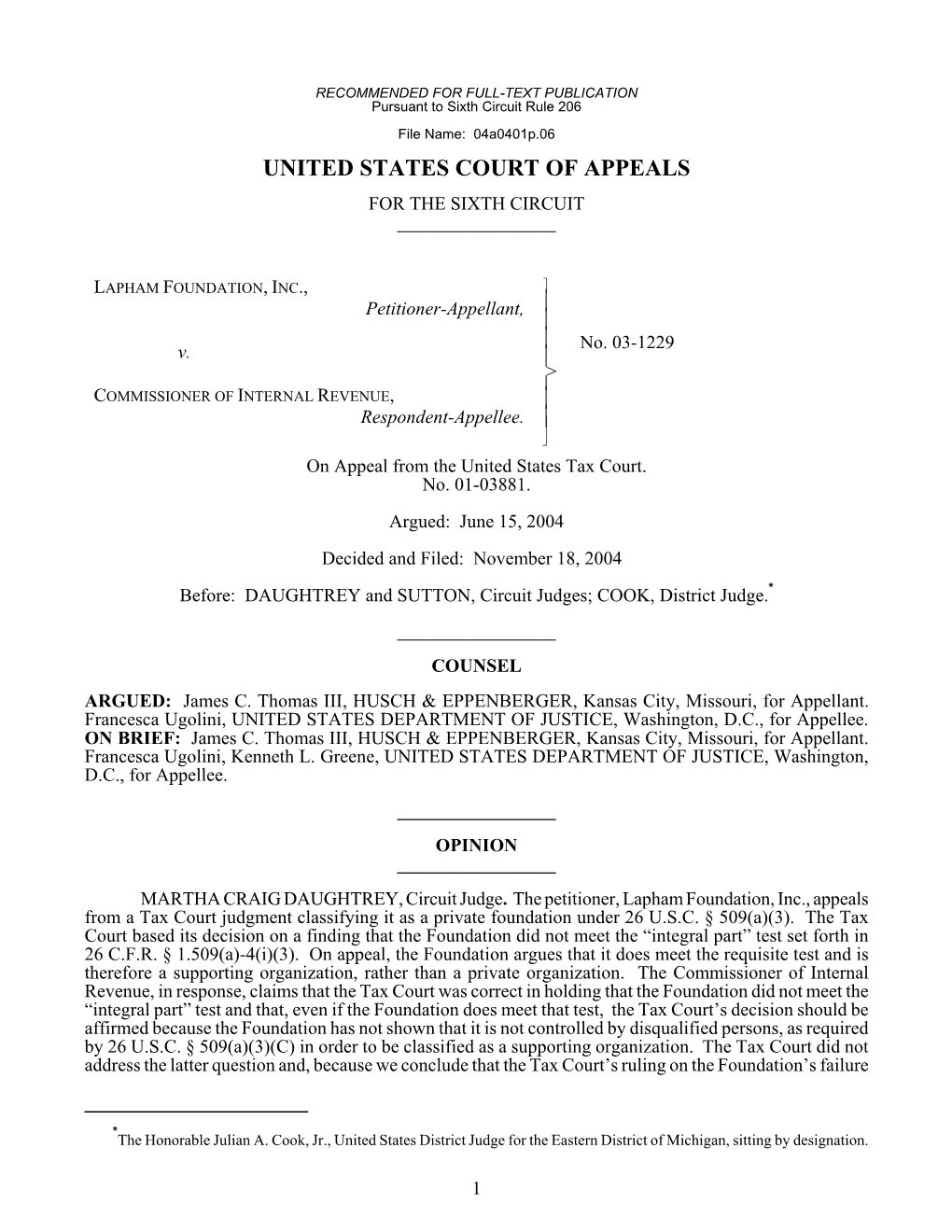 United States Court of Appeals for the Sixth Circuit ______