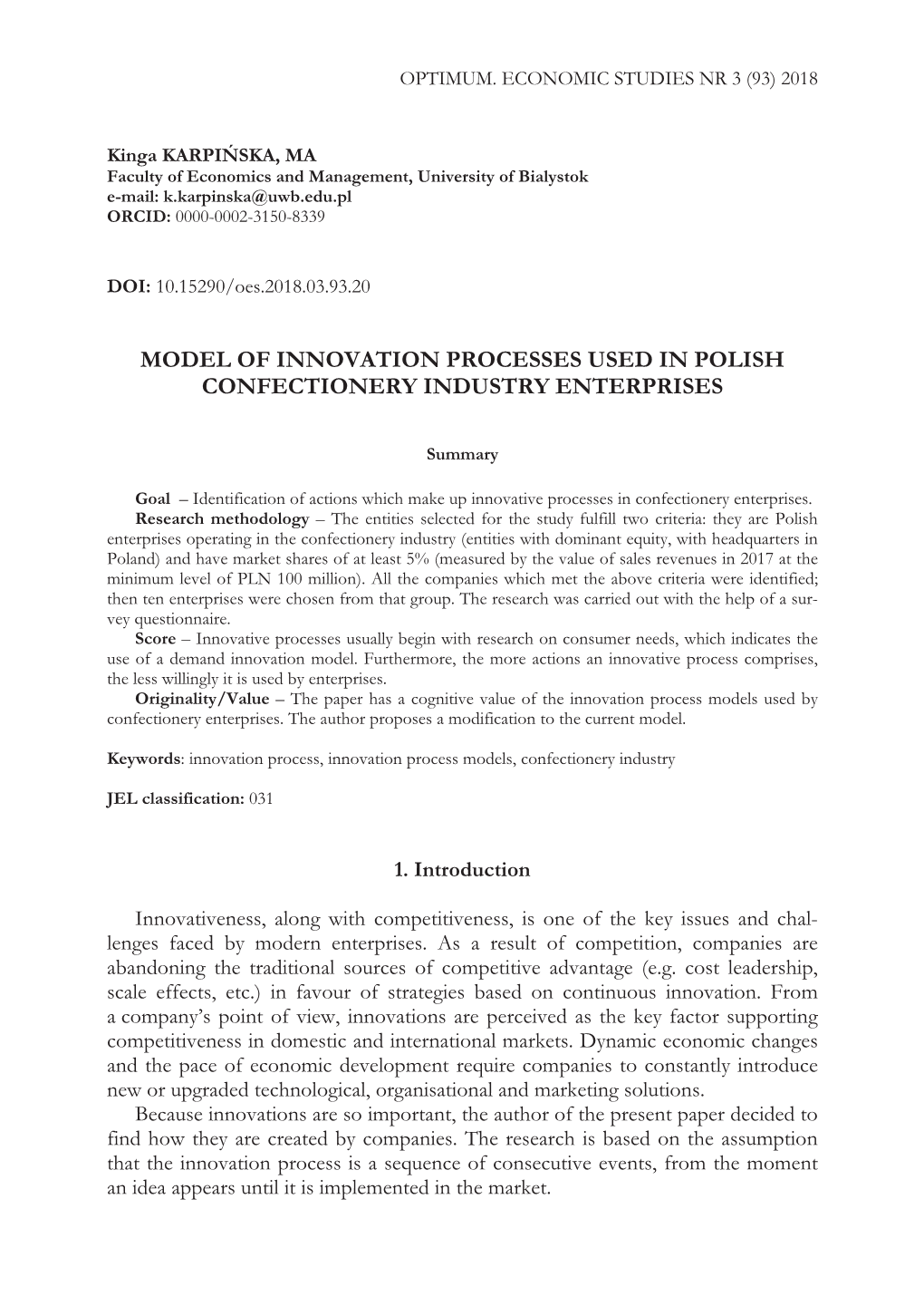 Model of Innovation Processused by the Enterprises of the Confectionery Industry in Poland