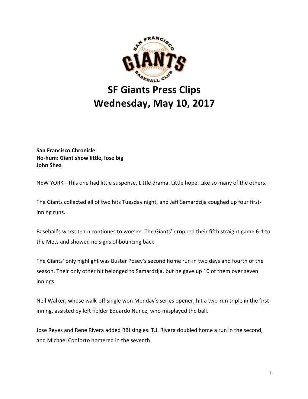 SF Giants Press Clips Wednesday, May 10, 2017