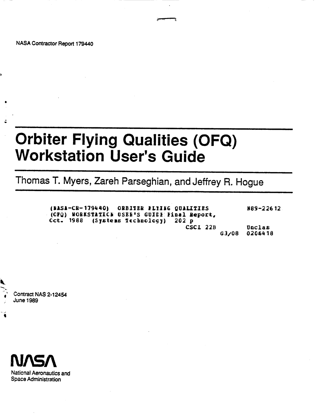 Orbiter Flying Qualities (OFQ) Workstation User's Guide