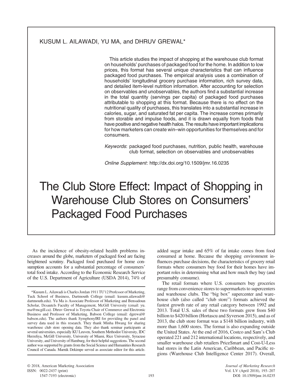 Impact of Shopping in Warehouse Club Stores on Consumers’ Packaged Food Purchases